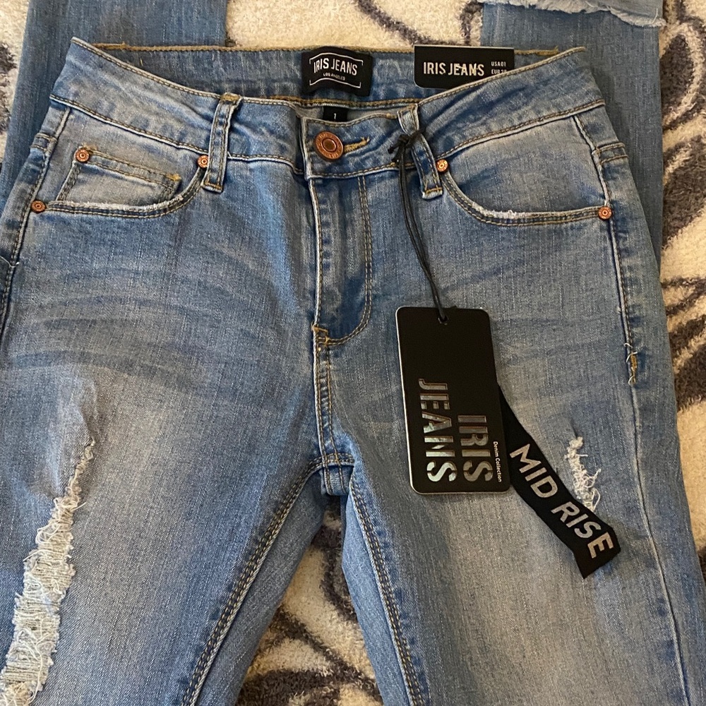Distressed Light Blue Skinny Jeans - Mid Rise Stretch - Picture 2 of 5